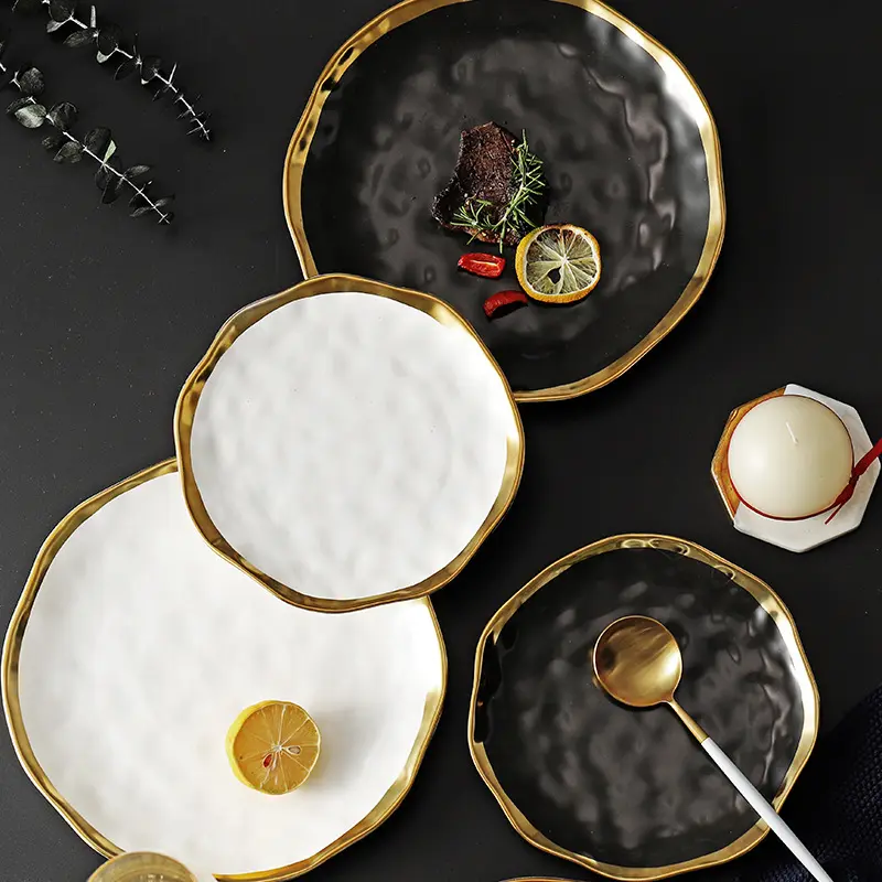 Nordic ceramic plate Fruit salad Dessert christmas plates gold porcelain plate black porcelain dinner sets Party round trays