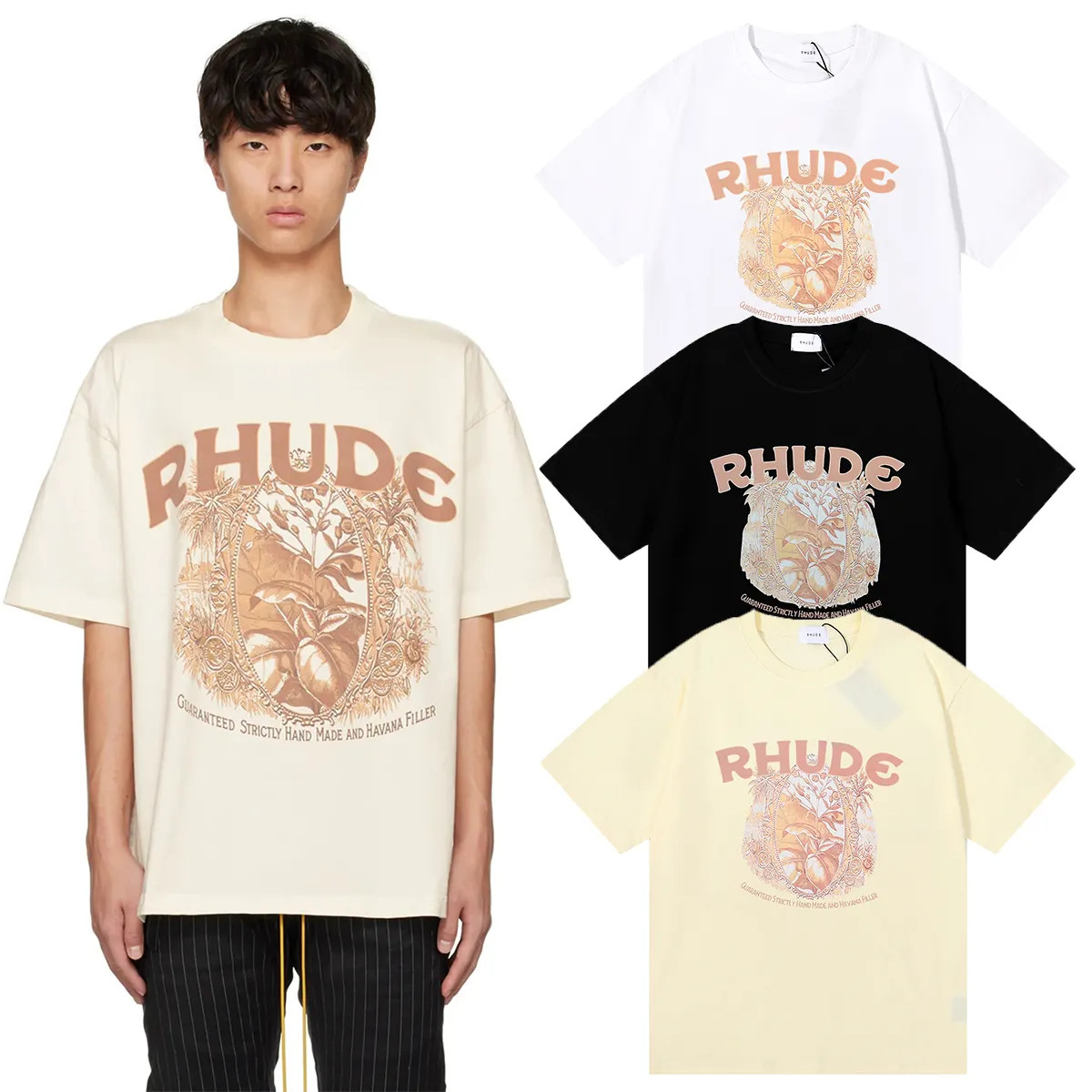 RHUDE Herbal simple color printing high weight double yarn cotton casual short sleeve T-shirt fashion clothes 2022 men