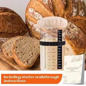 Reusable Sour Dough Starter Jar With Thermometer Labels Spatula Cloth Cover Aluminual Lid