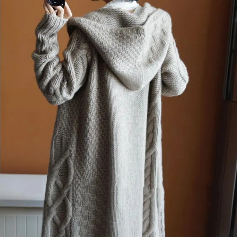 2022 Autumn Winter Hooded Thick Knit Loose Large Size Long Cardigan Sweater Coat For Women Lady