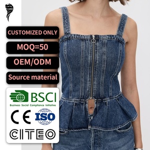 2025 Haut en jean personnalisé pour femme, style vintage, sans bretelles, à volants, coupe ample et ajustée, avec smockage, élégant, pour femmes - Product Image 1