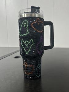 40オンスステンレス鋼真空フラスコゴーストスカルグリッターラインストーンタンブラーハロウィーンクモカボチャカップストロー付き - Product Image 4