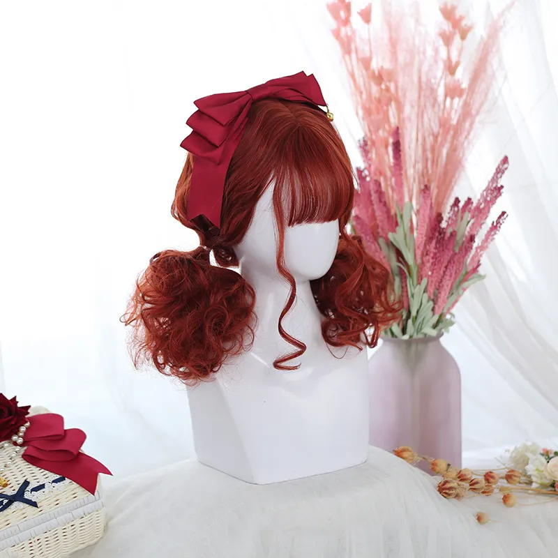 उच्च गुणवत्ता लंबे घुंघराले लाल रंग Peluca सिंथेटिक बाल मोबाइल फोनों Cosplay Wigs के लिए लोलिता विग लड़कियों