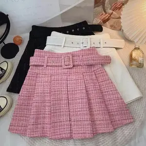 Rok Berlipat Gadis Besar Desain Sekolah Preppy Mode Rok Polos Pink Putih Pakaian Pakaian Kasual S44