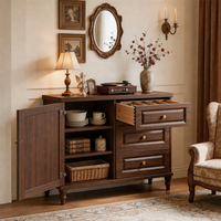 Buffet de rangement moderne avec portes vitrées doubles, poignée cloche unique, 3 tiroirs, en bois massif, autoportant, pour salon et salle à manger