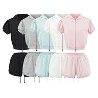 Ensemble de survêtement 2 pièces pour femme : Haut court à capuche zippé à manches courtes bouffantes et short à taille élastique avec cordon de serrage – Tenue décontractée assortie