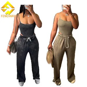 2024 New Arrivals Ribbed Crop Top Two Piece Set Fall Women's Clothing Sling Tank Top And Wide Leg Pants Set