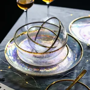 Creative Gold Rim Round Shape Transparent Glass Western Food Tray Gradient Restaurant Plate And Bowl