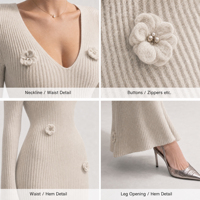 Robe longue moulante en maille côtelée au crochet pour femme, col plongeant, fleur 3D, manches cloche, coupe sirène, style doux, quotidien, luxe, automne, naturel