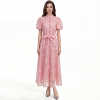 Elegante Vestido Midi de Verano para Mujer con Cuello Mao, Manga Corta Abullonada, Cinturón en la Cintura y Botones de Encaje, Lavable