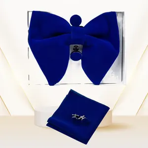Velvet Big Bow Tie Men's Bowties Pocket Square Cufflinks Set Solid Red Blue Handkerchief Necktie for Man Wedding Gift