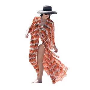 boho Beach Robe Orange Ethnic Floral Print Kimono Vestidos Women Long Sleeve Tunic Top Blouses Cover Up Plus Size