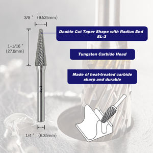SL-3 डबल कट कार्बाइड बर्र सेट, 5 पीसी: 14 ° टेपर, 3/8 "सिर, 1/4" बंद. कच्चा लोहा, स्टील और अन्य धातुओं के लिए. - Product Image 2