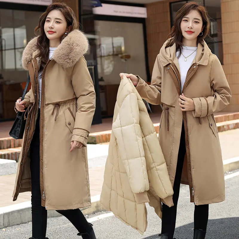 뜨거운 판매 2024 후드 푹신한 면 다운 재킷 패딩 겨울 패션 긴 2 pcs 파카 여성 다운 코트