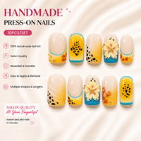 Faux Ongles Personnalisés en Gros, Motif Floral Léopard Français, Fleurs 3D Réutilisables, Acrylique Premium Fait Main, Ongles à Presser Carrés Moyens