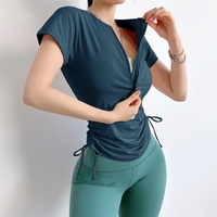 Atasan Kebugaran Musim Panas Wanita, Kaos Olahraga Slim Setengah Resleting, Pakaian Yoga Ketat Lari, Lengan Pendek