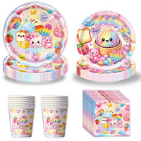 Vaisselle d'anniversaire à thème macaron de dessin animé, assiettes en papier, gobelets, serviettes, bannière d'anniversaire, décoration de gâteau, fournitures de fête