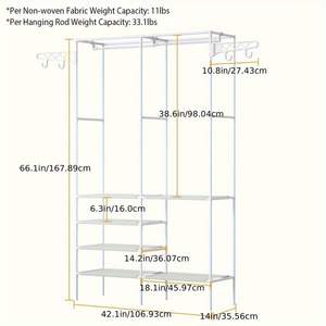 Db Portable <b>Wardrobe</b> Storage <b>Organizer</b> 6 Shelves 2 Rods Detachable Metal Closet Rack Bedroom Minimalist Design - Product Image 5