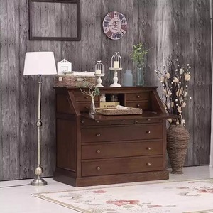 Bureau de secrétaire vintage en chêne massif de style campagne française, avec tiroir d'écriture rabattable et multiples rangements, finition antique vieillie - Product Image 5