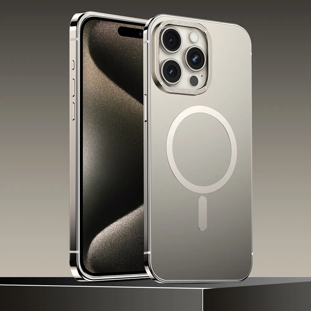 IPhone 15 ProMax用iPhone15用アルミニウム合金金属電話ケース高級デザインワイヤレス充電器金属磁気電話ケース