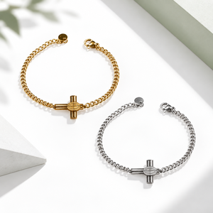 Cross <b>Medallion</b> Chain Bracelet, Stainless Steel, <b>Gold</b> and Silver Color Options, <b>Gold</b> Variant 14K <b>Gold</b> Vacuum Plated - Product Image 1