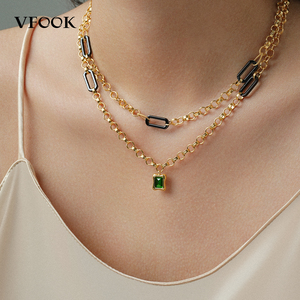 VFOOK Luxe Zwarte Keramische Zirkoon Hangketting, Aanslagbestendig, Elegant, 18K Echt Goud Geïmpregneerde Ketting voor Gala-avonden - Product Image 1