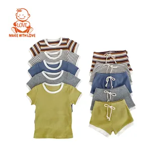 BEIBEIHAPPY 2024 Sommer gestreifte Baumwolle T-Shirt kurz 2 Stück Neugeborenes Freizeitsets Kleinkinder Kinderbekleidungsanzug
