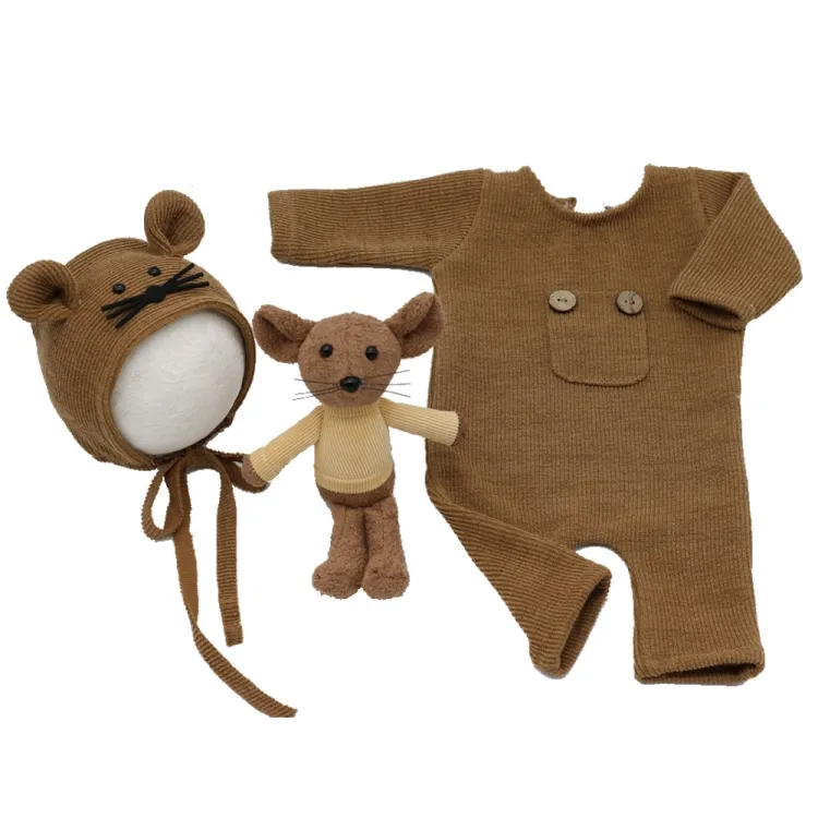 Best Selling Newborn Photography Cloth Baby Knitted Jumpsuit Hat Mouse Doll Three Piece Baby Clothes Set For Photography