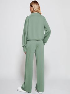 Sweat-shirt décontracté à demi-fermeture éclair pour femmes et ensemble de pantalons de survêtement à jambes larges - Product Image 2