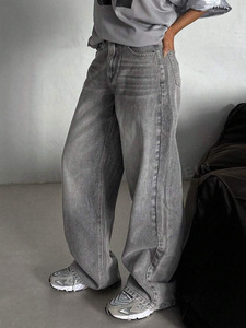 <span class=keywords><strong>Jeans</strong></span> a <span class=keywords><strong>Gamba</strong></span> <span class=keywords><strong>Larga</strong></span> in Spandex/Poliestere Grigio Fumo Lavato Stile Americano Retrò da Donna, Versatili a Vita Alta, Vestibilità Ampia, Asciugatura Rapida - Product Image 5