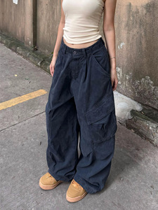 <span class=keywords><strong>Pantalon</strong></span> <span class=keywords><strong>cargo</strong></span> tactique pour <span class=keywords><strong>femme</strong></span> TT de haute qualité, style Y2K, taille haute, jambe large, ample, en sergé de coton uni, <span class=keywords><strong>bleu</strong></span> <span class=keywords><strong>marine</strong></span> - Product Image 1
