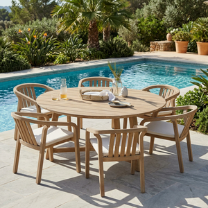 Teak Solid Wood Outdoor <b>Round</b> Dining <b>Table</b> Set with Cushions Minimalist Design Patio Furniture for <b>Garden</b> Backyard - Product Image 3
