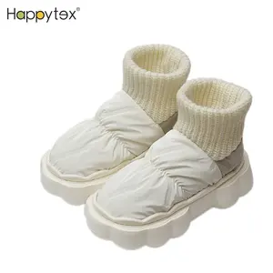 Trendy dışında sıcak pamuklu ayakkabılar streç örgü tıknaz topuklu ayak bileği kadın puf aşağı kış ev için su geçirmez kar botları açık