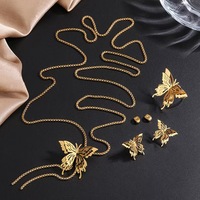 Ensemble de bijoux pour femmes Huibao, collier, boucles d'oreilles et bague en acier inoxydable plaqué or, papillon 3D, collier ajustable, bijoux tendance
