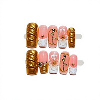 Ongles artificiels en amande faits à la main, sculptés en 3D, couvrants, avec colle, 10 pièces, rose doré floral