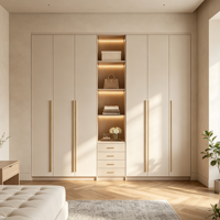 Armoire Modulaire Sur Mesure Autoportante Plancher-Plafond, Ensemble de Meubles de Chambre Crème Moderne en MDF avec Étagères et Tiroirs Intégrés à LED
