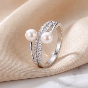 Adjustable Copper Double Freshwater Pearl <b>Open</b> <b>Ring</b> Triple Band CZ Pave Pearl Jewelry for Women Wedding Gift - Product Image 4