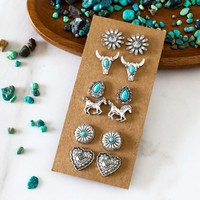 Ensemble de boucles d'oreilles cloutées pour femmes, style western vintage, motif tête de taureau turquoise et croix en forme de cœur, pour cowgirls, bijoux