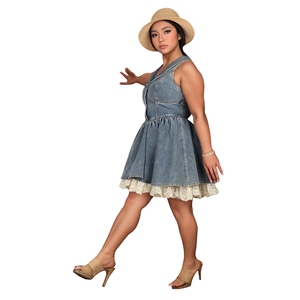 Servizio OEM Abito Corto Estivo da Donna in Denim con Colletto, Senza Maniche, Cintura in Vita, Monopetto, Mini Abito a Linea A - Product Image 5