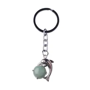 Dolphin Holding Ball Healing Stone Pendant with Key Chain Amulet Pendant Male and Female Key Chain
