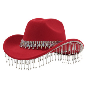 Sombrero de Vaquera de Fieltro Suave para Mujer, M56-58cm, con Borlas de Diamantes de Imitación, Estilo Occidental para Novia - Product Image 3