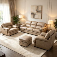Ensemble de canapés sectionnels classiques en cuir véritable marron de style européen, 4 pièces, garniture à clous, coussins ergonomiques en mousse, structure en bois massif