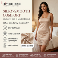 Chemise de nuit sexy en dentelle et mélange de soie de mûrier pour femme, col en U, bretelles, ajourée, soyeuse, longue, ajustée, pour l'été, tenue d'intérieur