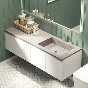 Meuble de salle de bain intelligent couleur bois, armoire de rangement minimaliste avec miroir, lavabo intégré en ardoise - Product Image 5