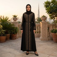 Robe Abaya Musulmane Élégante à Manches Longues avec Strass Dorés et Pompons, en Crêpe Noir, pour Femme, Usage Quotidien, Fabrication OEM