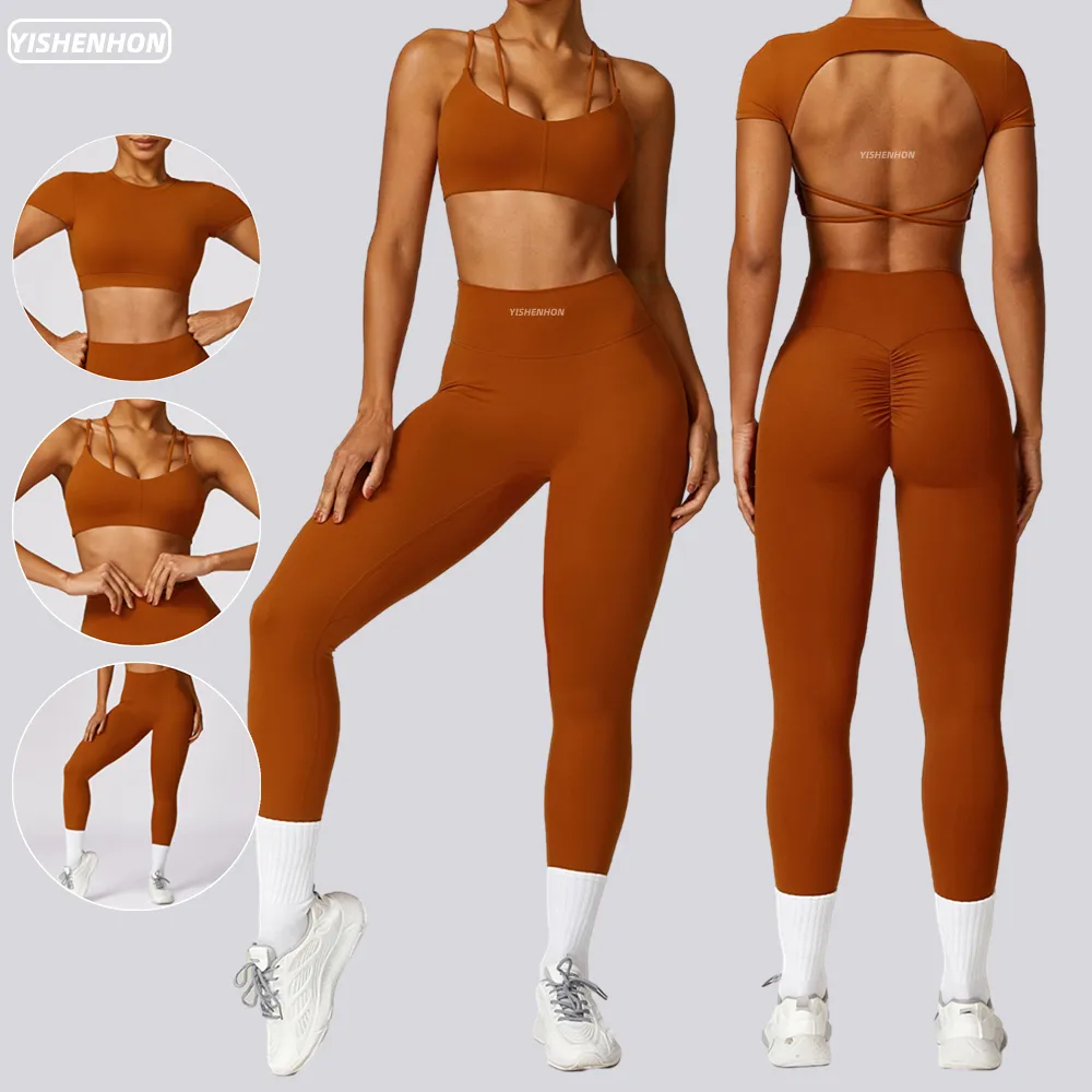 Yishlon setelan olahraga Yoga wanita, Set baju Fitness Gym logo kustom kualitas tinggi, pakaian latihan Yoga 3 potong, Set legging untuk wanita