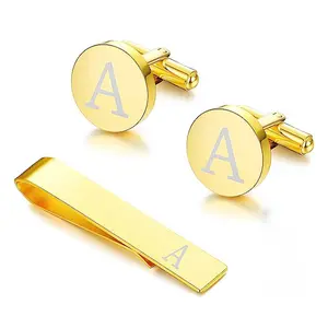 Stainless Steel Gold Plated Personalized Custom Name Men Cufflinks Golden Supplier Engraved Cufflink and Tie Clip