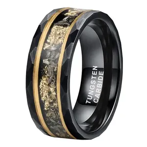 Sanlan Jóias 8mm Real Meteorito Chip Folha De Ouro Inlay Black Tungsten Anel Para Homens Mulheres Moda Noivado Wedding Band