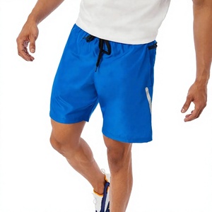 Shorts Bermuda pour homme bleus à séchage rapide avec poche zippée, logo brodé sur le devant, taille élastique, couleur unie, 100% coton - Product Image 1