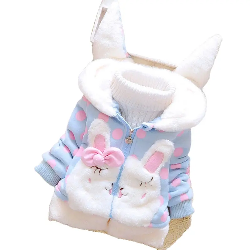Winter girl baby cotton coat children's plus velvet polka dot rabbit ears hooded jacket children's cute outing clothes